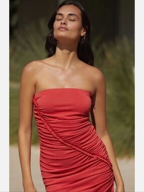 Anthropologie Red Strapless Ruched Dress
